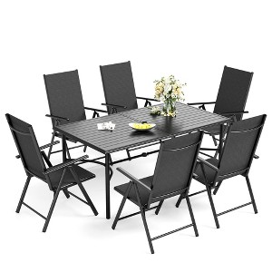 Captiva Designs 7pc Patio Dining Set with Slat-top Rectangle Table & Black Textilene Reclining Foldable Chairs - 1 of 4