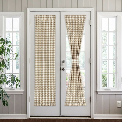 Linen Plaid Light-Filtering French Door Curtain Panels with Tiebacks