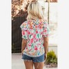 Amaryllis Women’s Floral Print Short Sleeve Blouse with Striped Trim Notched Neckline Relaxed Fit - 3 of 4