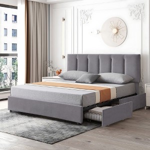 VECELO Velvet Upholstered Platform Bed Frame with Storage Drawers, Adjustable Headboard, No Box Spring Needed, Modern Storage Bed Frame for Bedroom - 1 of 4