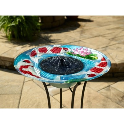 Hand-Painted Glass Koi Solar Birdbath with Steel Stand