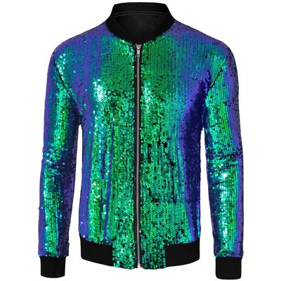 Sequin Varsity-Striped Bomber Jacket