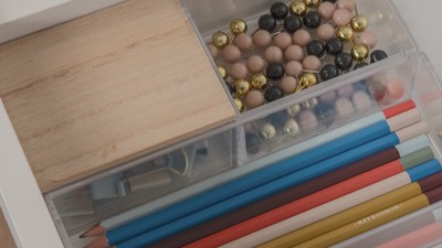 Clear Stackable Plastic Organizer Bins with Light Wood Lids, Set of 3