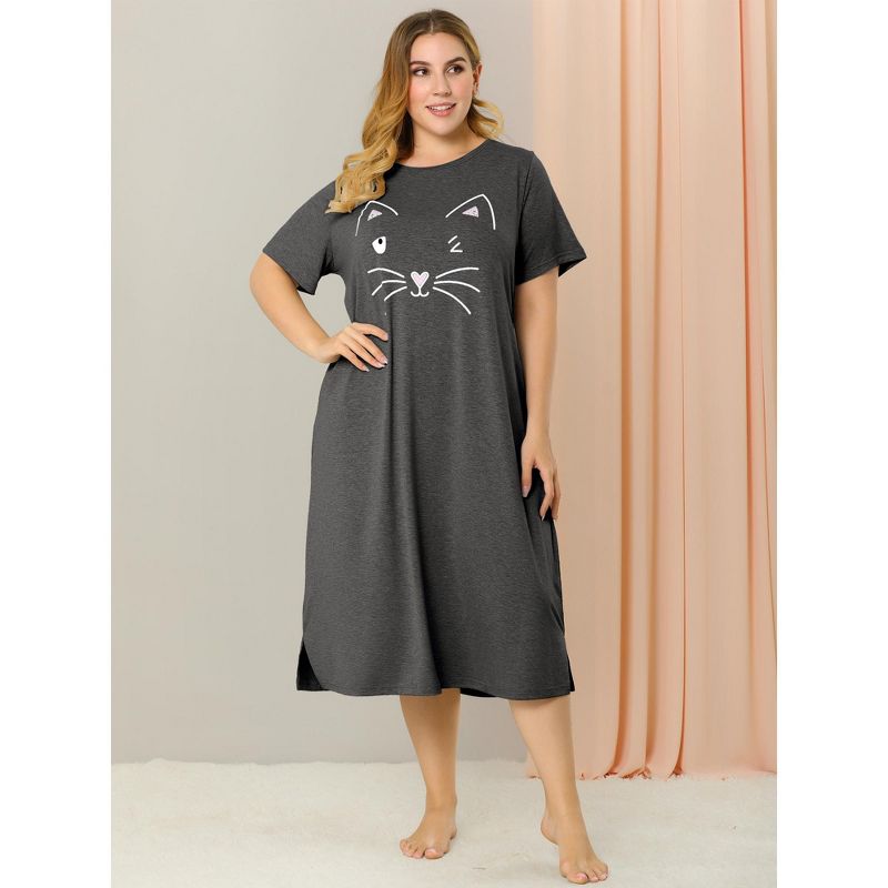 Agnes Orinda Womens Plus Size Short Sleeve Cute Cat Print Pockets Nightgown, 4 of 8