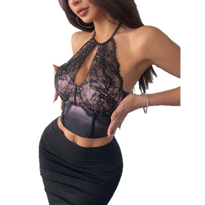 Women's Mesh Lace Patchwork Cami Halter Criss Cross Corset Tank Top Fishbone Bustier Crop Top