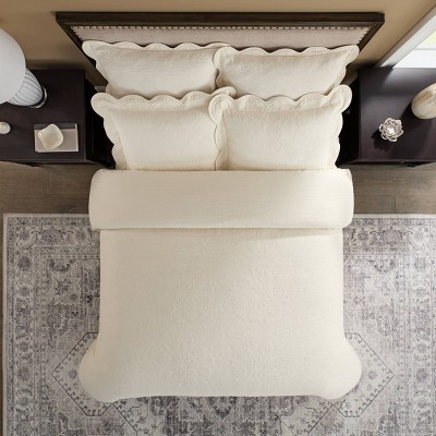 Ivory Cotton King Bedspread Set with Scalloped Edges