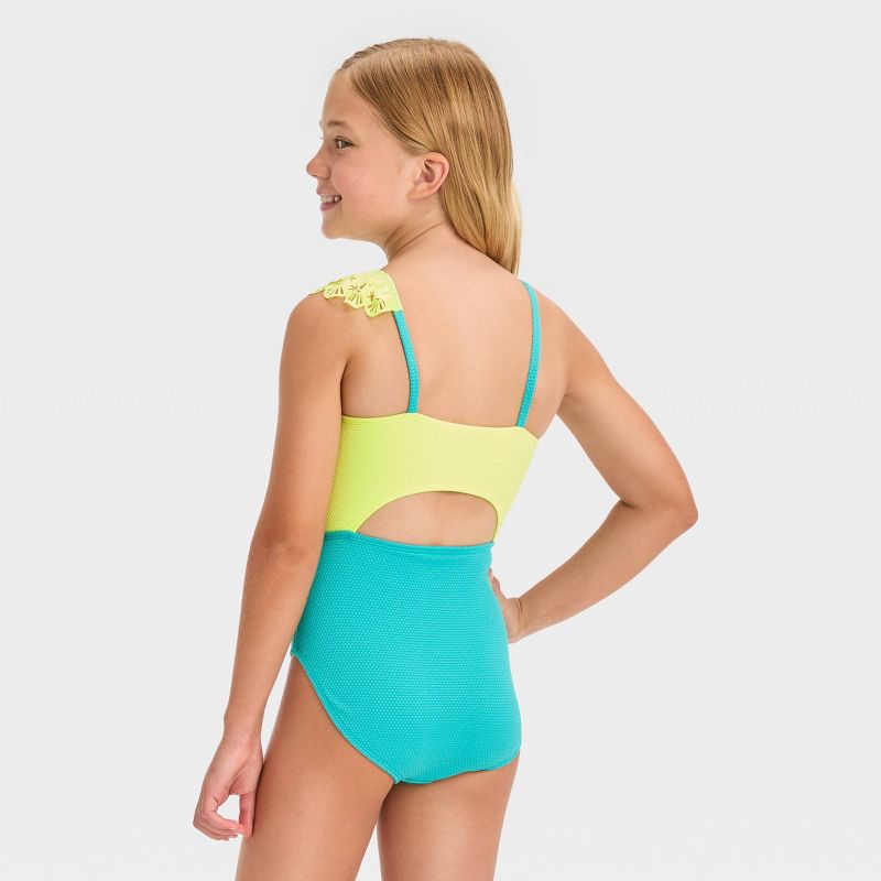 Girls' 'Beach Dreams' Solid One Piece Swimsuit - Cat & Jack™ Yellow/Light Blue, 4 of 5