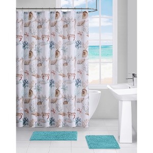 Kate Aurora Seaside Villa Mosaic Coastal Seahorses & Coral Fabric Shower Curtain - 1 of 2