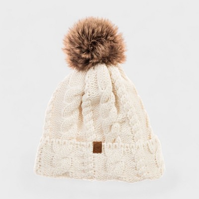 Canada Weather Gear Women's Cable Knit Beanie with Thermal Plush Lining and Faux Fur Pom