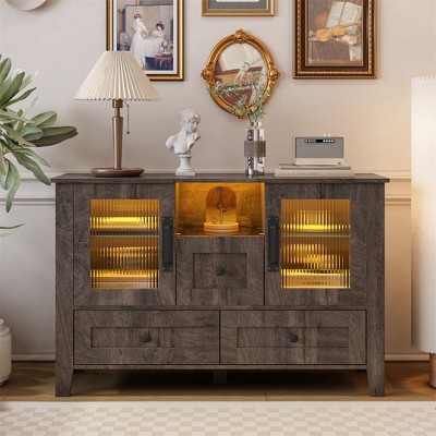 Sideboard Buffet Cabinet, Wooden Buffet Server Console Table With Glass Doors, Tempered Glass Shelves, Coffee Bar Cabinet For Kitchen Dining Room