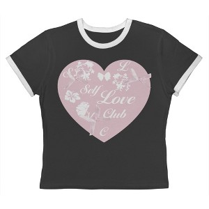 Rerun Island Women's Self Love Club Heart Short Sleeve Graphic Cotton Retro Vintage Ranger Baby Tee - Caviar White S - 1 of 4