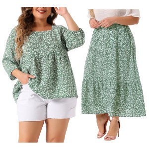 Agnes Orinda Women's Plus Size 2 Pieces Summer Outfits Floral Square Neck Peplum Babydoll Blouses and High Waist Maxi A Line Skirts Set - 1 of 4
