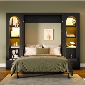 Queen Size Murphy Bed with LED Shelving and Side Cabinets, Foldable Wood Wall Bed with Storage Drawers for Bedroom-Baofuwish - 1 of 4