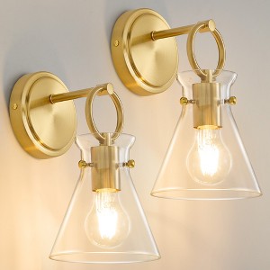 POWLIG 11.42-in 1-Light Gold Modern Industrial Wall Sconces with Cone Clear Glass Shade (Set of 2) - 1 of 4