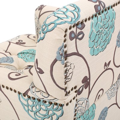Large Blue and White Floral Microfiber Accent Chair with Wood Legs