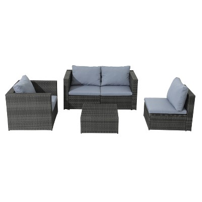 5pc Wicker Rattan Sofa Set with Gray Cushions - Accent Furniture