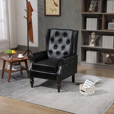 Faux Leather Accent Chair, Button Tufted Wingback Armchair with Wood Legs, Upholstered Bedroom Chair with Rivet Decoration, Leisure Reading Chair