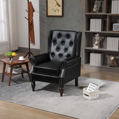 Faux Leather Accent Chair, Button Tufted Wingback Armchair with Wood Legs, Upholstered Bedroom Chair with Rivet Decoration, Leisure Reading Chair - image 1 of 4