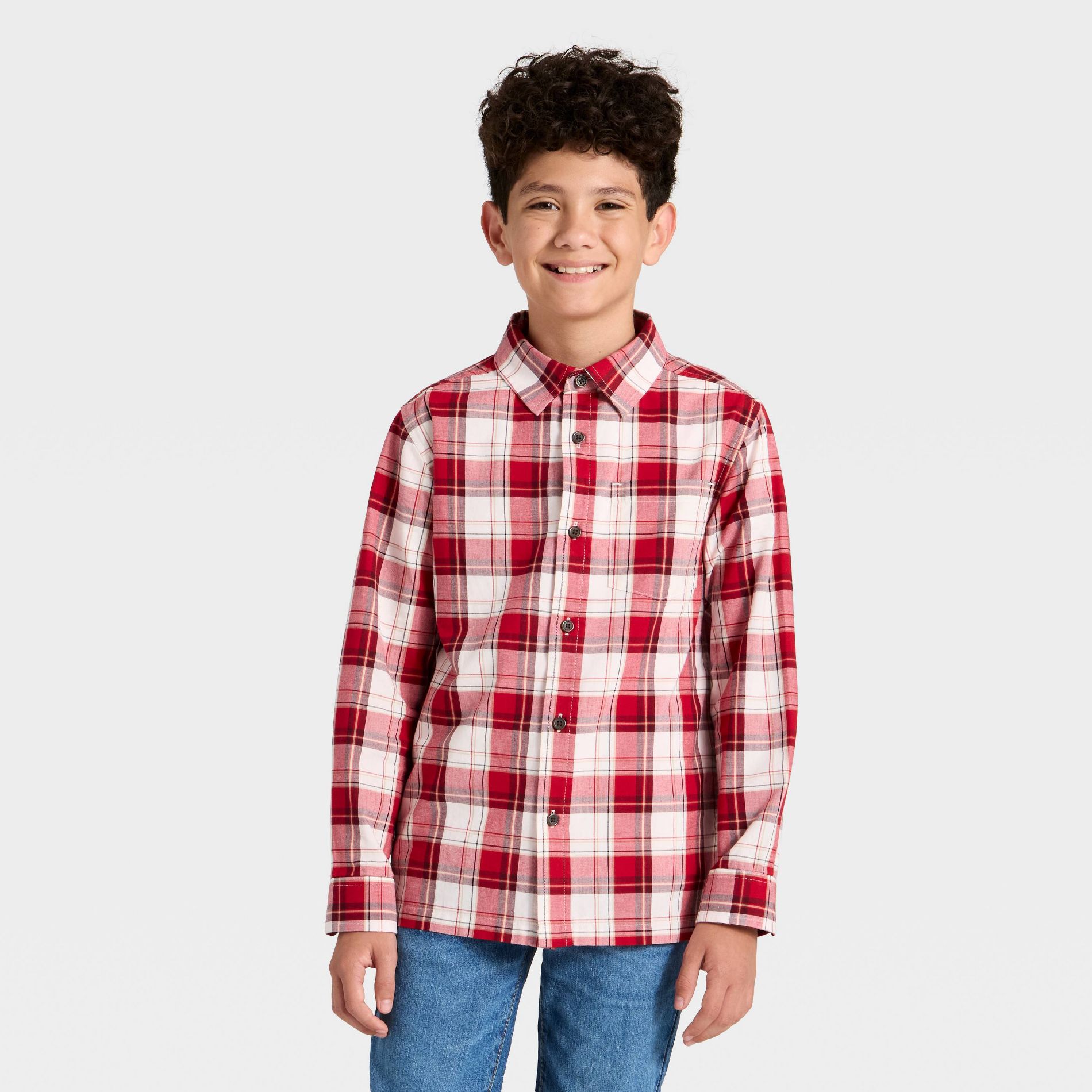 Boys' Long Sleeve Plaid Button-Down Shirt - Cat & Jack™ Red