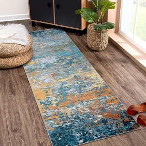 2x6 Gold/Blue Washable Hallway Runner Rug, Modern Abstract Thin Low Pile Carpet, Stain-Resistant Non-Slip Floor Mat for Bedroom, Bathroom, Entryway - 1 of 4
