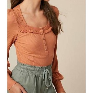 Women's Lace Puff Long Sleeve Knit Top - Clay - Listicle - 1 of 3