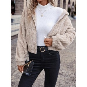 Women's Double Sided Fleece Zip Up Hoodie Jacket Cardigan Coat with Pockets Winter Outerwear - 1 of 3