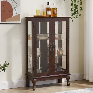 KTMBDW Cabinet with Glass Doors, Wood Display Cabinet with Mirrored Back Panel and Adjustable Shelves for Living Room (Light Bulb Included) - 1 of 4