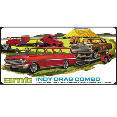 Skill 2 Model Kit of Indy Drag Combo Chevrolet II Wagon and Funny Car with Trailer 3 in 1 Set 1/25 Plastic Model Kit by AMT