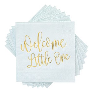 Blue Panda 50 Pack Light Blue Baby Shower Cocktail Napkins for Boy, Gold Foil Welcome Design Gender Reveal Party Supplies, 5x5 In - 1 of 4