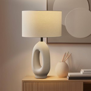 Brightech Artemis Mid-Century (Includes LED Light Bulb) Round Table Lamp Beige Ceramic: Matte Finish, USB Port, Linen Shade, UL Listed, 22" Height - 1 of 4