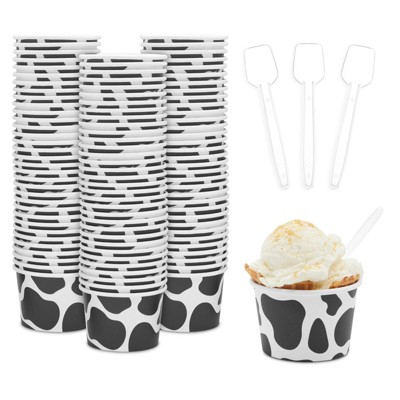 Blue Panda 100 Pack Cow Paper Ice Cream Cups with Spoons, Farm Birthday Party Supplies (8 oz)