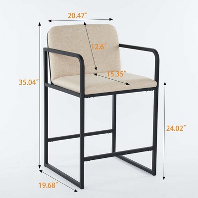 Dimensions overlay of beige bar stool with orange measurements