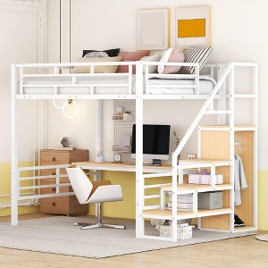 Metal Loft Bed with Desk:Full Size Loft Bed with Storage Staircase and Small Wardrobe, Storage Stairs can be Installed Left and Right - 1 of 4