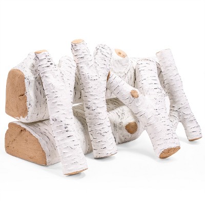 Barton 6-Pieces Stackable Ceramic Log Set Birch Wood Style Realistic Fireplace Logs, White
