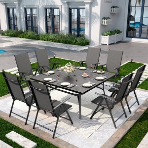 Captiva Designs 9pc Spacious Slat-top Square Metal Table with Umbrella Hole & Reclining Foldable Sling Chairs - 1 of 4