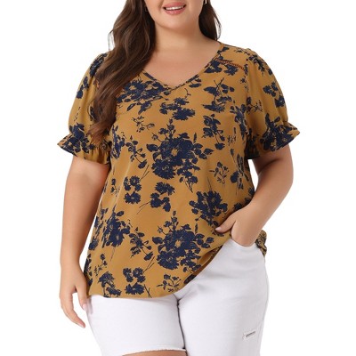 Agnes Orinda Women's Plus Size V Neck Ruffle Sleeve Floral Summer Casual Blouses