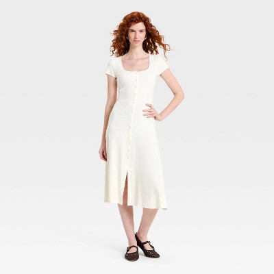 Женские платья Universal Thread Women's Short Sleeve Ribbed Button-Front Midi Sundress - Universal Thread™ Cream XL — фото 3