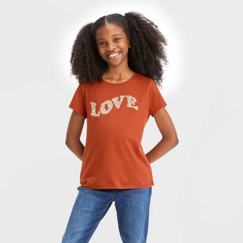 (Case of 12)Girls' Short Sleeve 'Love' Graphic T-Shirt - Cat & Jack™ Chestnut Brown M8