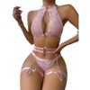 Clotth Women's Lace Lingerie Set - Ladies Halter Neck Underwear Set with Heart-shaped Buckles, Babydoll with Metal Chains & Thigh ring, Pink - 4 of 4