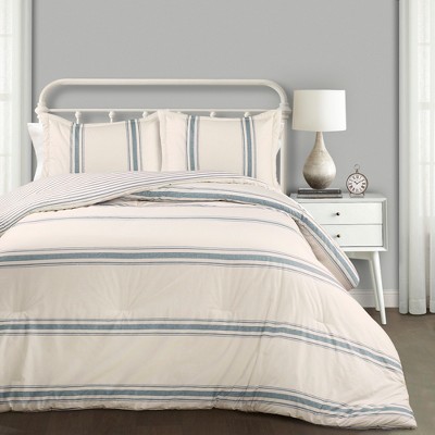 Full/Queen 3pc Farmhouse Stripe Comforter Set Blue - Lush Décor