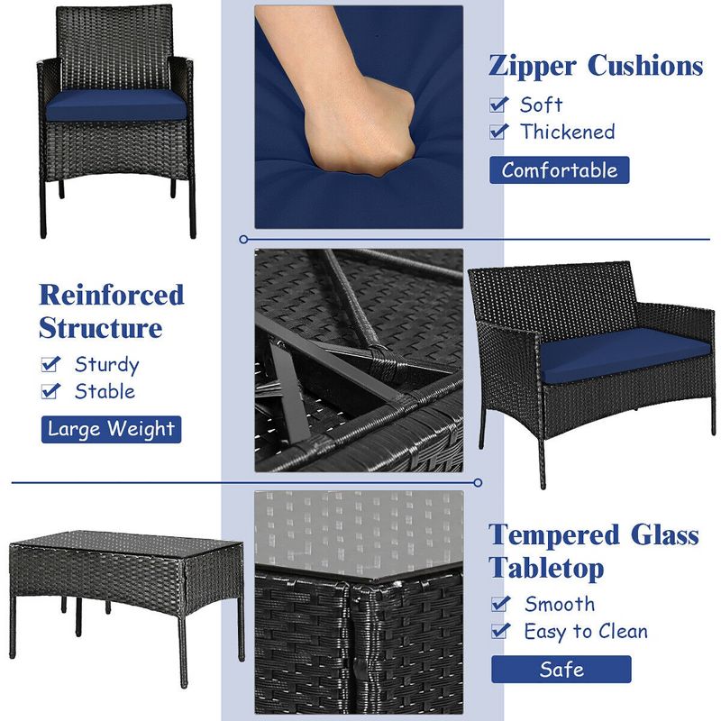 Tangkula 4PCS Outdoor Furniture Set Patio Rattan Conversation Set w/ Navy & Off White Cushion, 4 of 6