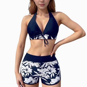Anna-Kaci Swim Women's Halter Bikini Top and Floral High Waist Shorts Two-Piece Swimsuit Set - 1 of 4
