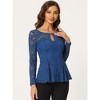 INSPIRE CHIC Women's Floral Lace Front Peplum Hem Keyhole Sheer Long Sleeve Blouse - 2 of 4