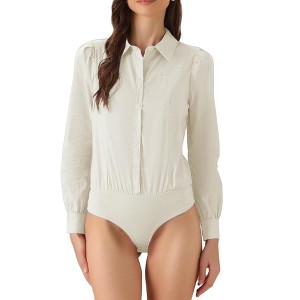 INSPIRE CHIC Women's Collared Business Casual Button Down Long Sleeves Bodysuit Leotard Shirt - 1 of 4