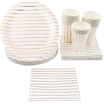  Juvale 72 Pieces Rose Gold Stripe Party Supplies- Disposable Plates, Napkins & Cups (24 Guests) 