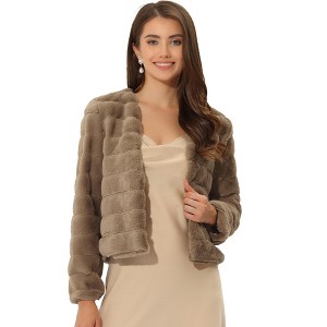 Allegra K Women's Winter Warm Cropped Collarless Faux Fur Fluffy Jacket - 1 of 4