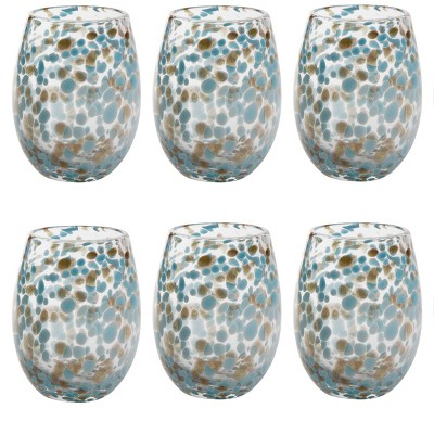 TAG 16 oz. Confetti Glass Stemless Drinkware Aqua Blue Dishwasher Safe Beverage Set of 6