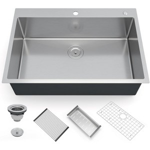 Coucheta Topmount Single Bowl Kitchen Sink,304 Stainless Steel with Workstation Ledge, Brushed Set Colander & More - 1 of 4
