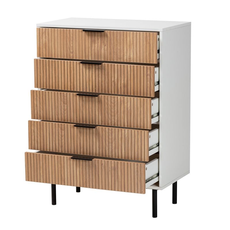 Baxton Studio Karima Mid-Century Modern Two-Tone White and Natural Brown Finished Wood and Black Metal 5-Drawer Storage Cabinet, 3 of 10