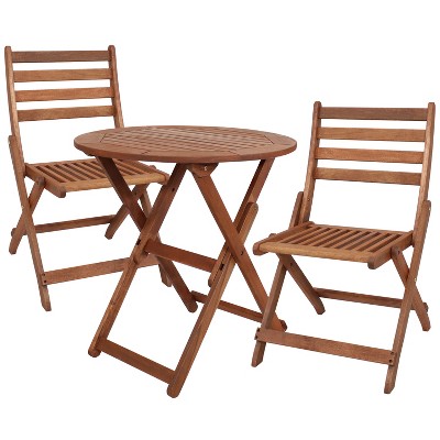 Sunnydaze Outdoor Meranti Wood with Teak Oil Finish Round Folding Bistro Table and Chairs - Brown - 3pc